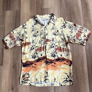 RARE Vintage PLAYBOY Hawaiian Bunny Yellow Button Up Men’s XL Rayon Shirt